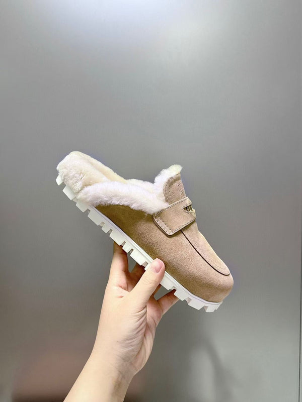 Miumiu Gold Penny Mules Beige Shearling Suede