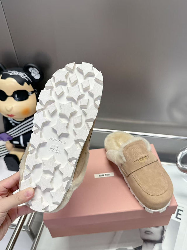 Miumiu Gold Penny Mules Beige Shearling Suede