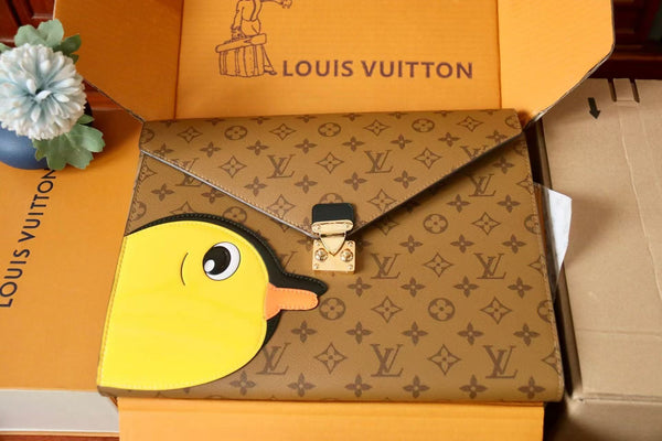 LV Mark Folder Monogram Reverse Brown Playful Duck Design Coated Canvas Calfskin