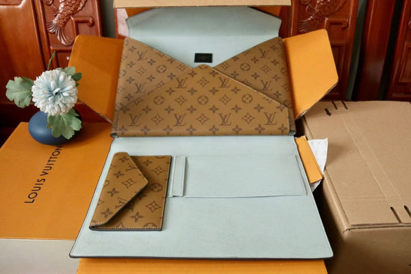 LV Mark Folder Monogram Reverse Brown Playful Duck Design Coated Canvas Calfskin