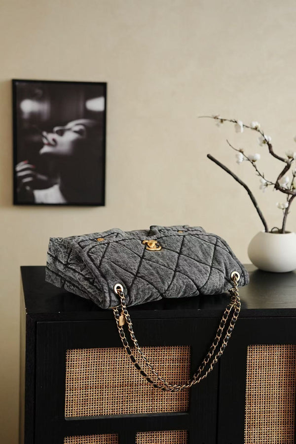 CC 2025 Classic Flap Bag Black Denim Fabric Gold Hardware