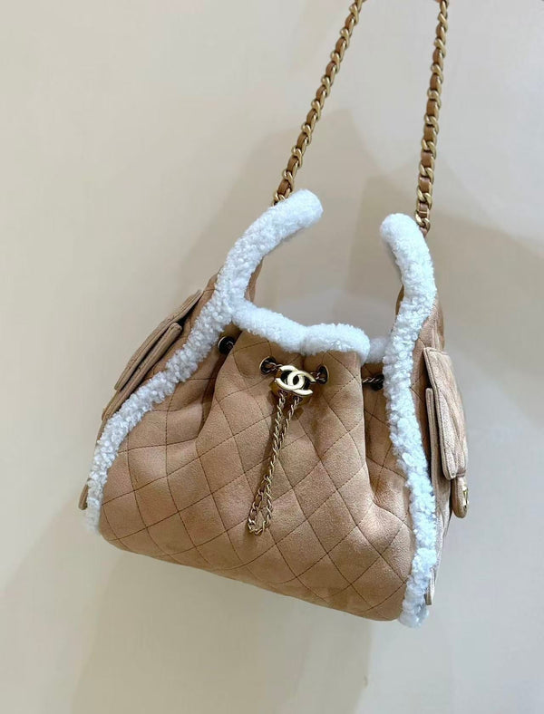 Sac hobo CC 25C 30cm Marron Blanc Daim Laine Quincaillerie Dorée