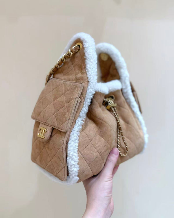 Sac hobo CC 25C 30cm Marron Blanc Daim Laine Quincaillerie Dorée