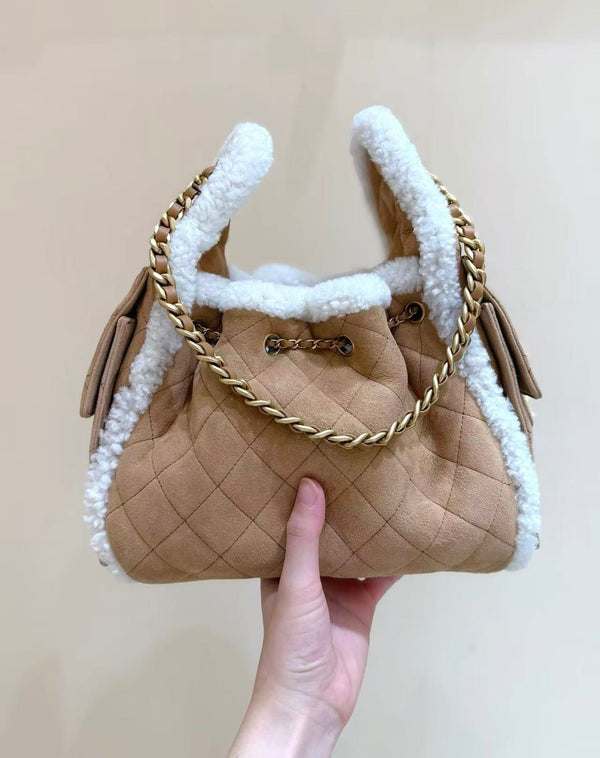 Sac hobo CC 25C 30cm Marron Blanc Daim Laine Quincaillerie Dorée