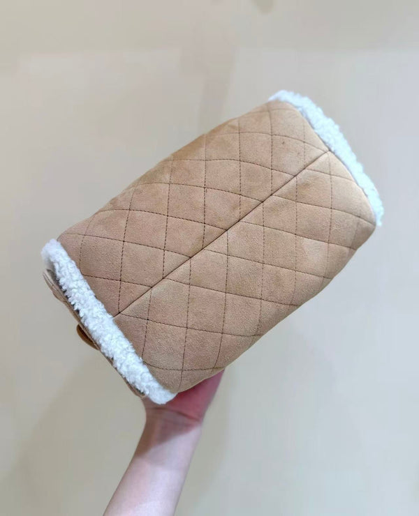 Sac hobo CC 25C 30cm Marron Blanc Daim Laine Quincaillerie Dorée