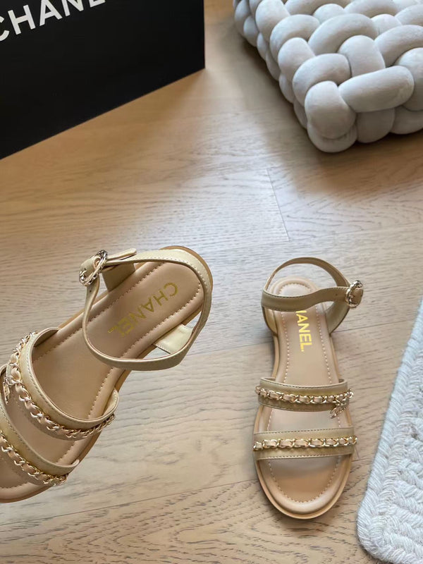 CC 25 Gold Chain Strappy Sandals Apricot Cowhide