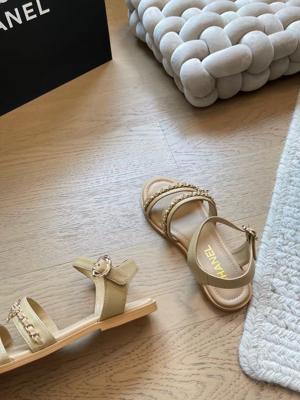 CC 25 Gold Chain Strappy Sandals Apricot Cowhide