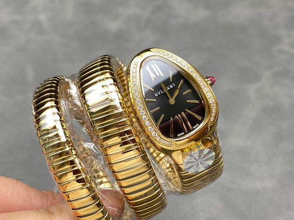 Montre Bvlgari Serpenti Tubogas 35mm Or Diamants Double Spirale Cadran Noir