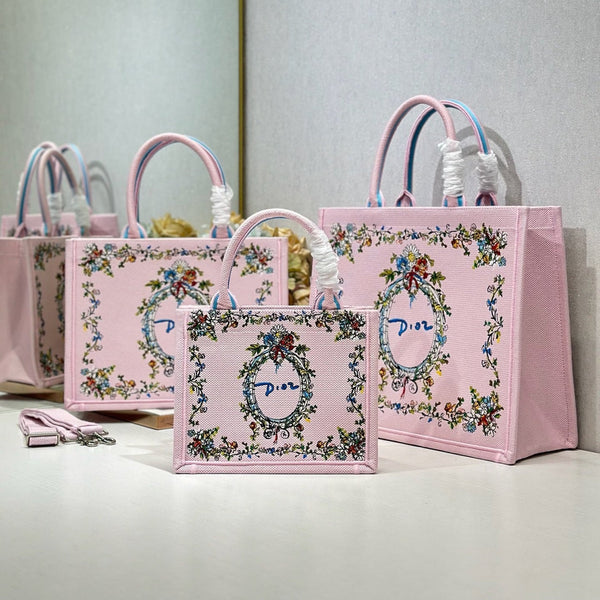 CD Medium Dioriviera Book Tote Pink Embroidered Canvas 158040