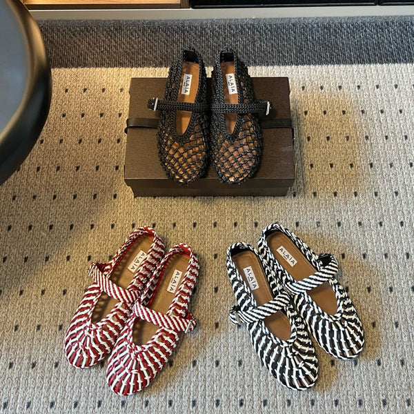 Alaia Crochet Mary Jane Ballet Flats Handwoven