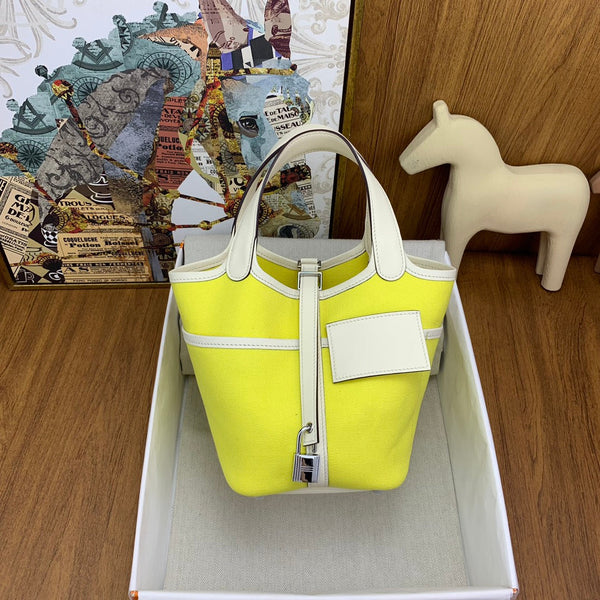 HM Picotin Lock 18CM Pocket Handbag Ivory Yellow Swift Canvas