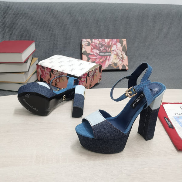 DG Platform Sandals 105mm High Heel Blue Patchwork Denim