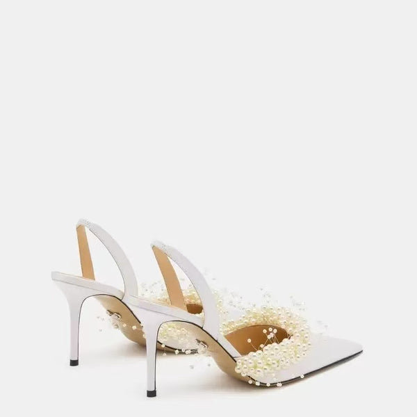 Mach & Mach Escarpins à Bride Arrière 85mm Perle Flottante et Satin Blanc