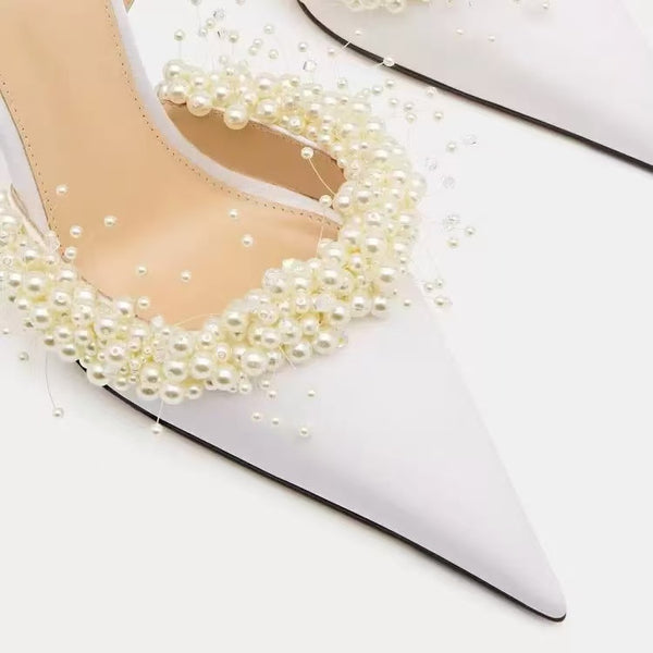 Mach & Mach Escarpins à Bride Arrière 85mm Perle Flottante et Satin Blanc