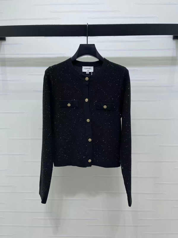 Chanel 2026 Cardigan en tricot à col rond, sequiné, soie et laine