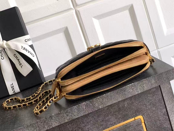 CC 25A Touch Phone Holder Bag 17.5cm with Chain Black Brown Lamskin