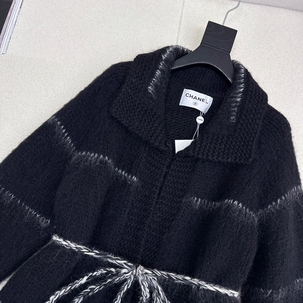 CC Mohair Wool Fluffy Black and White Belt Cardigan