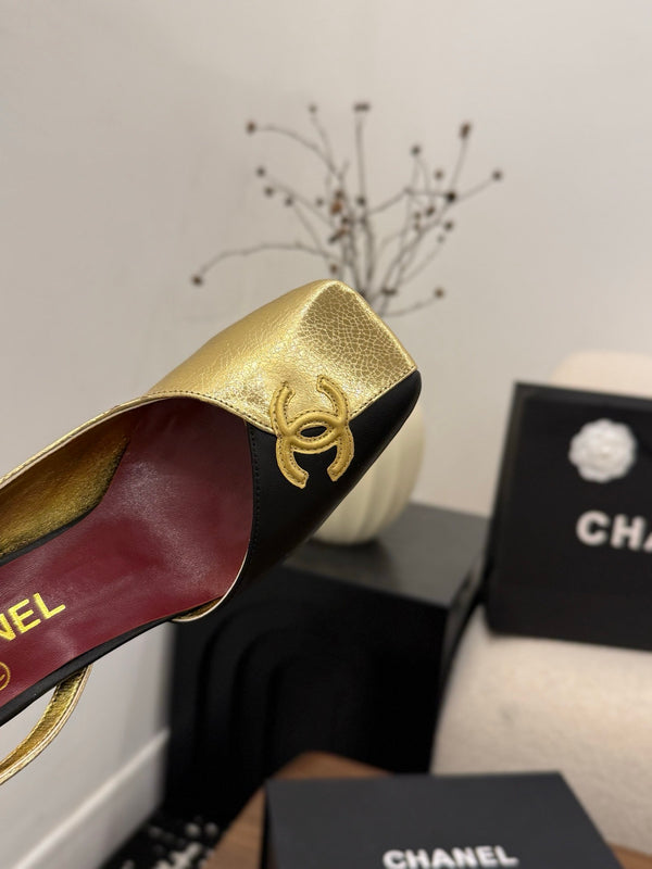 Slingback Black Gold 75mm Square Toe Cowhide