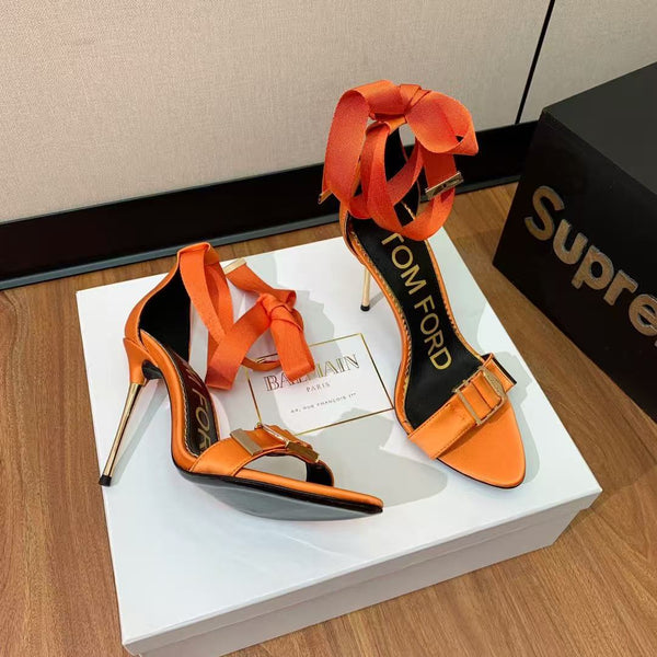 Tom Ford Sandal With Ribbon 105mm Orange In Silk And Sheepskin