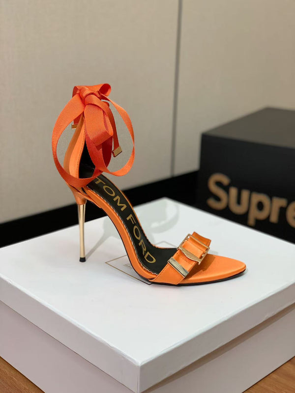 Tom Ford Sandal With Ribbon 105mm Orange In Silk And Sheepskin