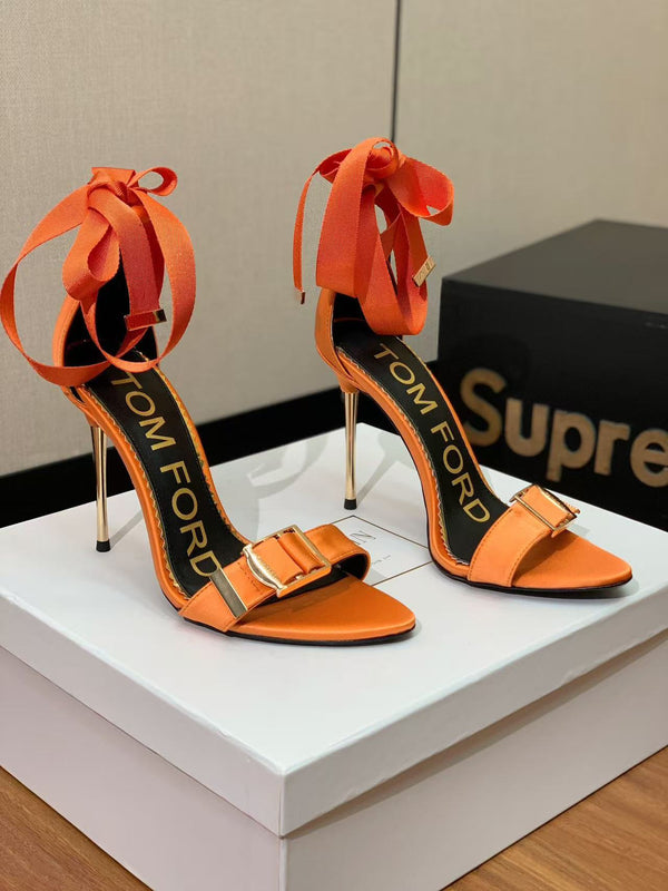 Tom Ford Sandal With Ribbon 105mm Orange In Silk And Sheepskin