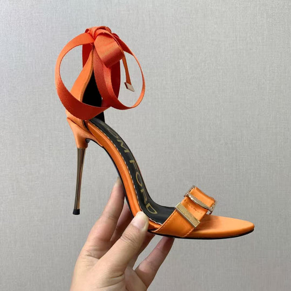 Tom Ford Sandal With Ribbon 105mm Orange In Silk And Sheepskin