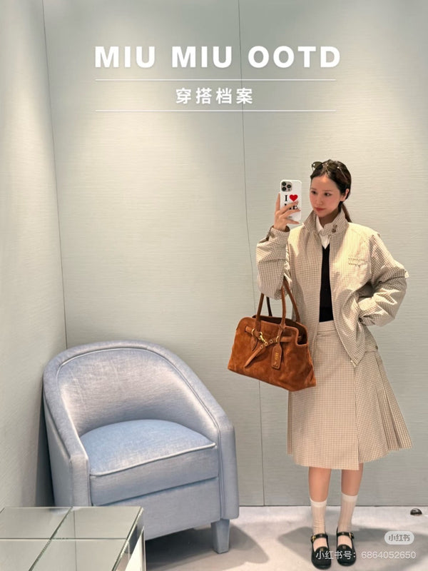 Jupe midi à carreaux beige-marron en coton Miu Miu YB