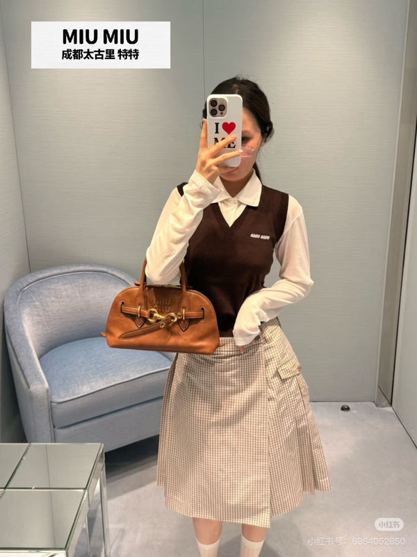 Jupe midi à carreaux beige-marron en coton Miu Miu YB
