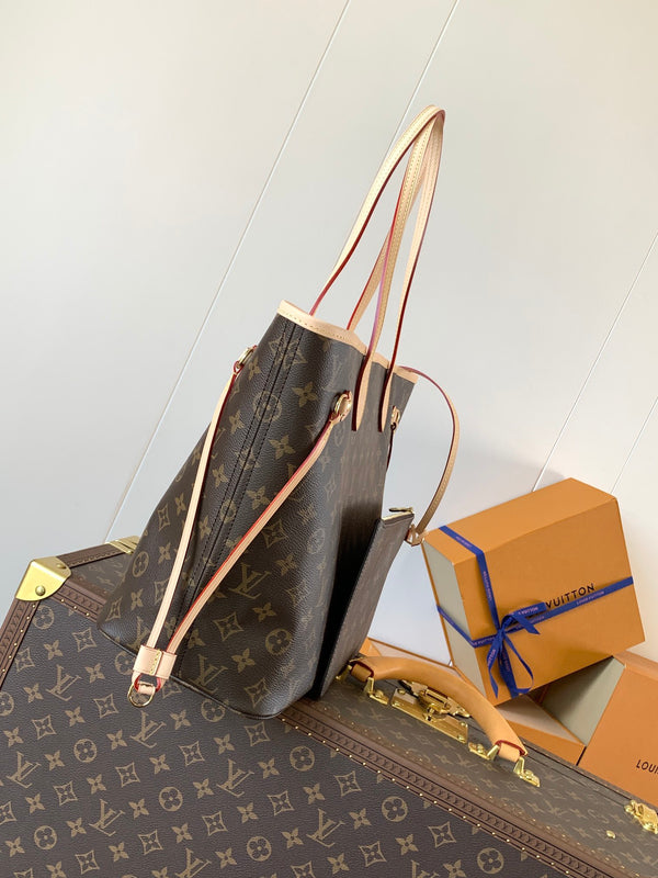 Louis Vuitton Neverfull MM Tote Bag Brown Monogram Canvas with Cowhide
