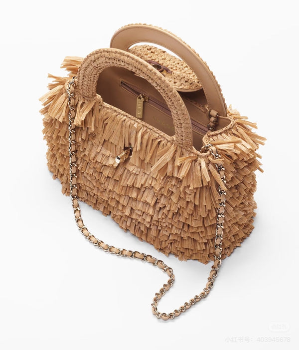 CC 2026 Mini Shopping Bag Dark Beige Raffia Fringe