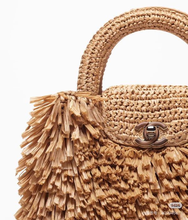 CC 2026 Mini Shopping Bag Dark Beige Raffia Fringe