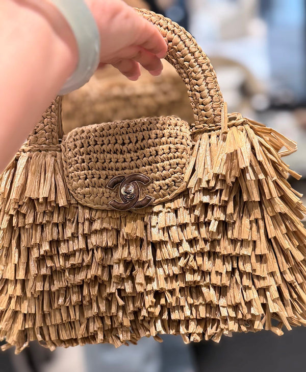 CC 2026 Mini Shopping Bag Dark Beige Raffia Fringe