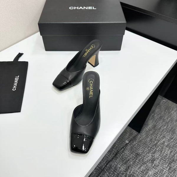 CC 26s Mule 9.5cm Black Sheepskin Patent Calfskin