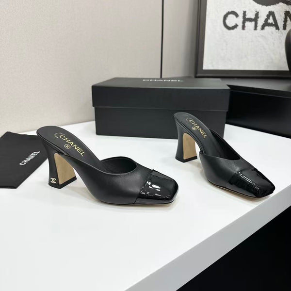 CC 26s Mule 9.5cm Black Sheepskin Patent Calfskin