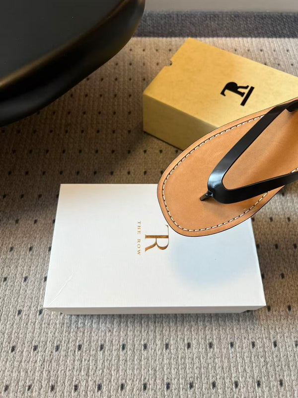 The Row City Flip Flops Black Brown Calfskin