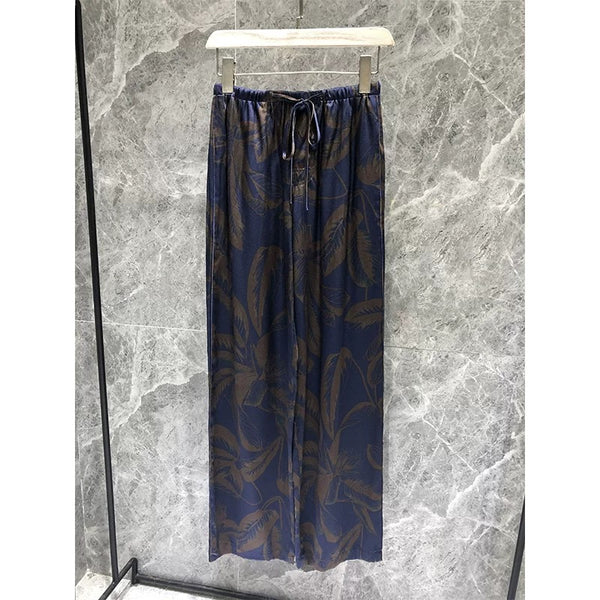 Loewe Straight-leg Pants Dark Navy Blue With Brown Print Pattern Silk