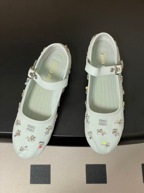 Miu Embellished Drill Ballerinas Light Blue Canvas With Rhinestones