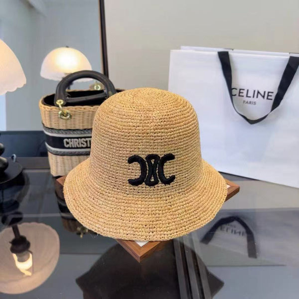 Celine Buckle Hat Black Logo in Beige Straw
