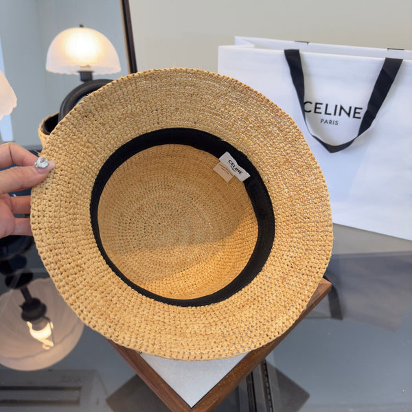 Celine Buckle Hat Black Logo in Beige Straw