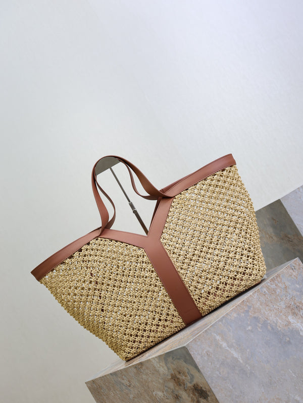 YSL TOTE BAG IN TAN RAFFIA BROWN COWHIDE LEATHER