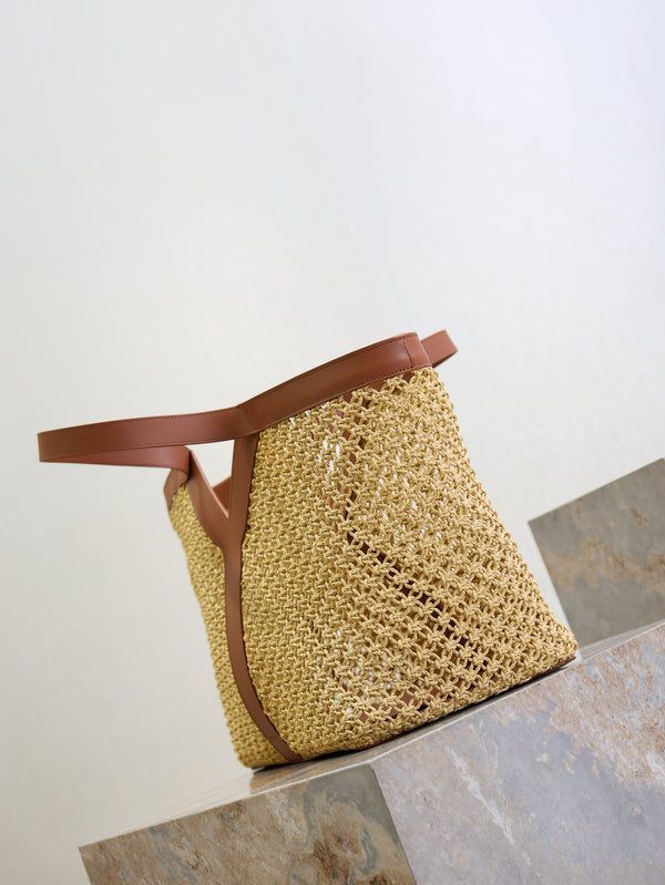 YSL TOTE BAG IN TAN RAFFIA BROWN COWHIDE LEATHER