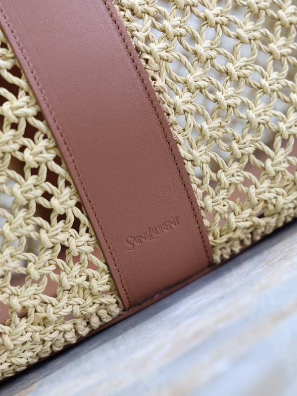 YSL TOTE BAG IN TAN RAFFIA BROWN COWHIDE LEATHER