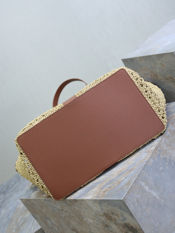 YSL TOTE BAG IN TAN RAFFIA BROWN COWHIDE LEATHER