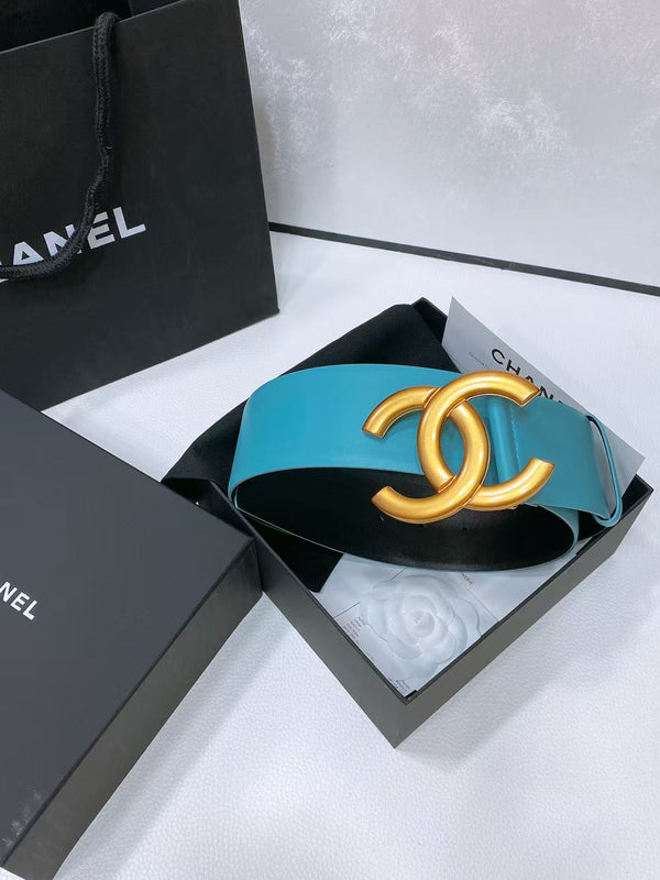 CC Belt 5.5cm Blue Leather Gold Buckle