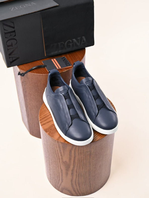 Zegna Triple Stitch Navy Blue Leather Sneakers
