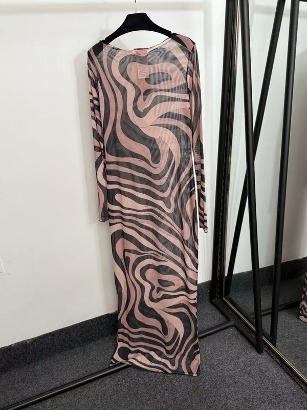 Emilio Pucci Marmo Printed Mesh Maxi Dress - Beige Black in Polyester