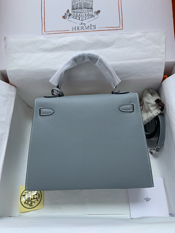 HM KELLY 25CM BLUE GREY EPSOM LEATHER SILVER HARDWARE