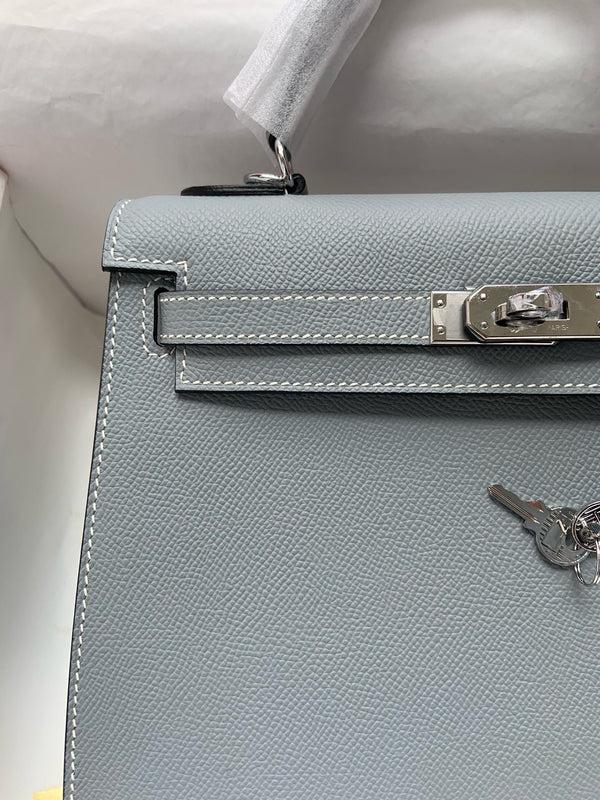 HM KELLY 25CM BLUE GREY EPSOM LEATHER SILVER HARDWARE