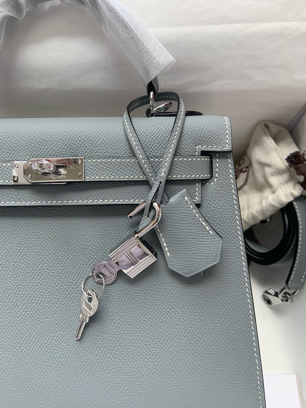 HM KELLY 25CM BLUE GREY EPSOM LEATHER SILVER HARDWARE