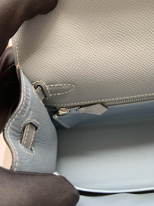 HM KELLY 25CM BLUE GREY EPSOM LEATHER SILVER HARDWARE